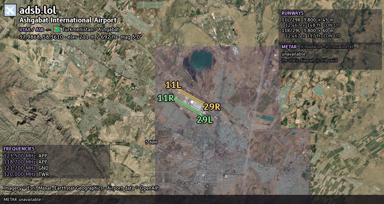 Satellite map with the runway layout of Ashgabat International Airport (UTAA)