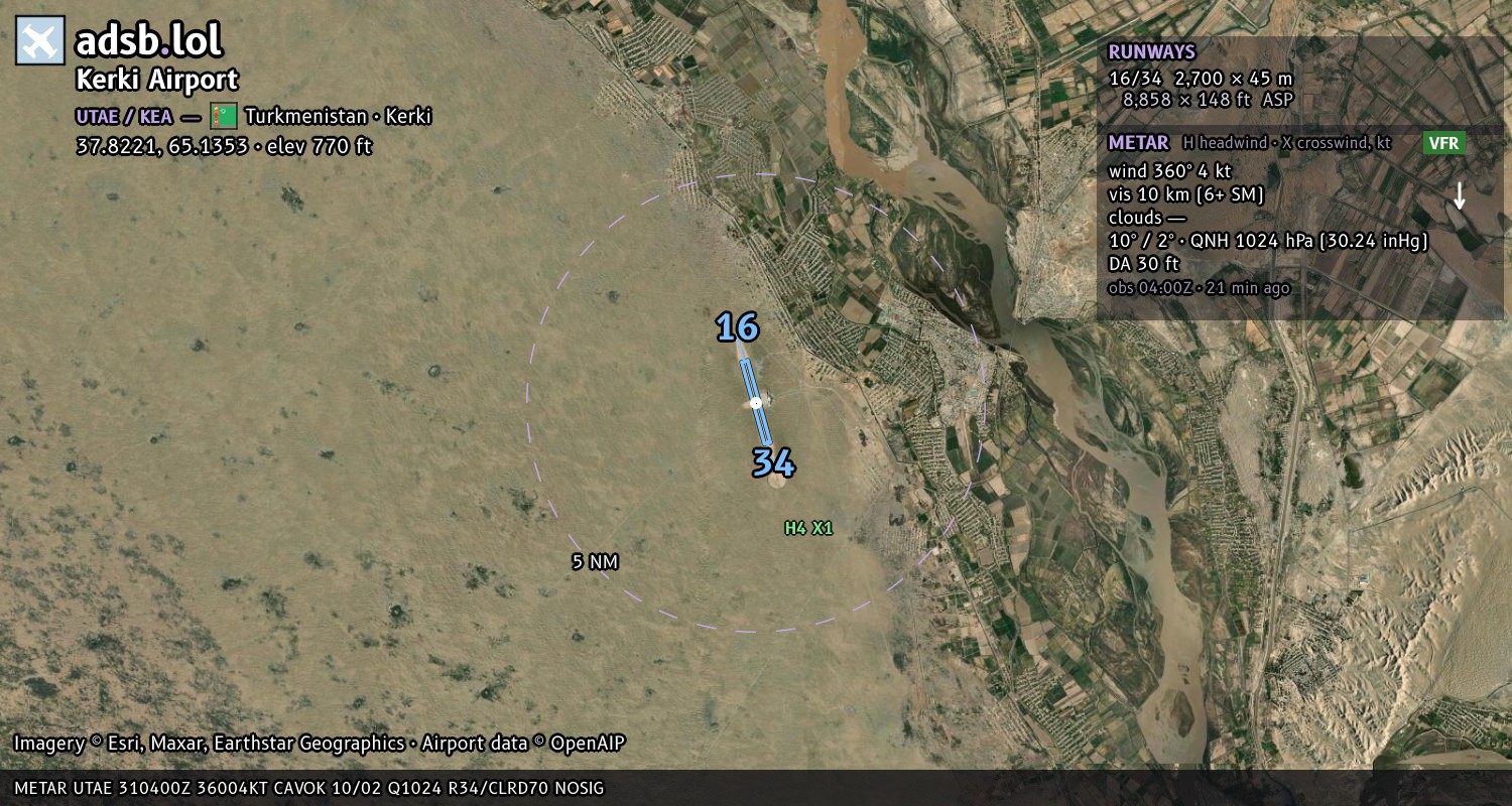 Satellite map with the runway layout of Kerki Airport (UTAE)