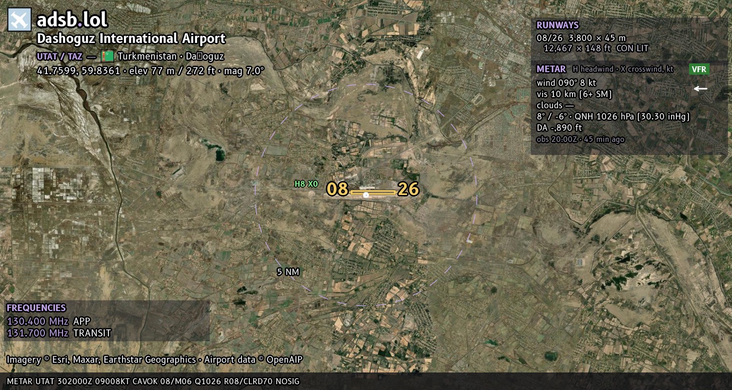 Satellite map with the runway layout of Dashoguz International Airport (UTAT)