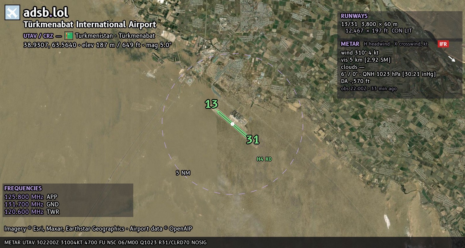 Satellite map with the runway layout of Türkmenabat International Airport (UTAV)