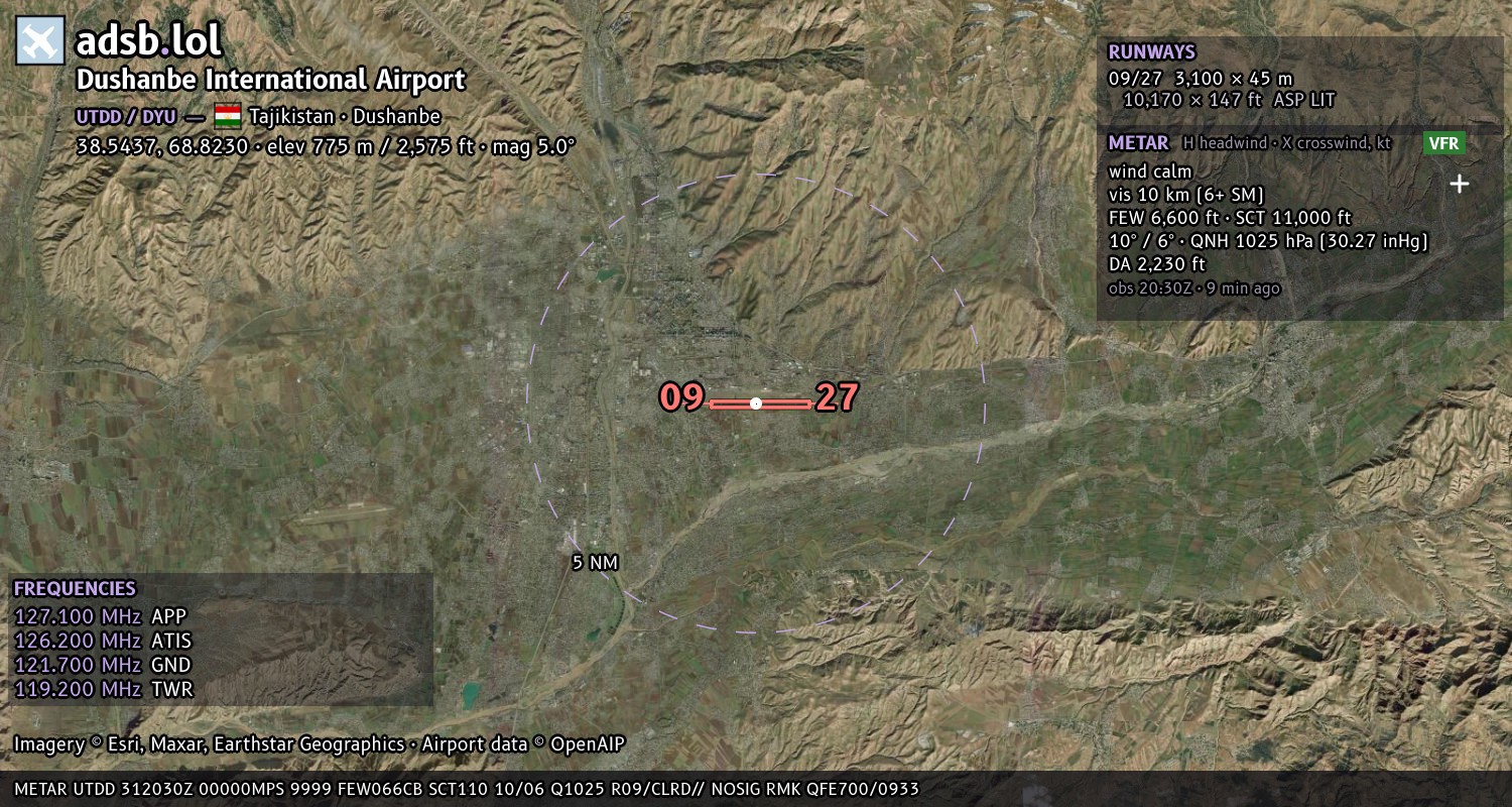 Satellite map with the runway layout of Dushanbe International Airport (UTDD)
