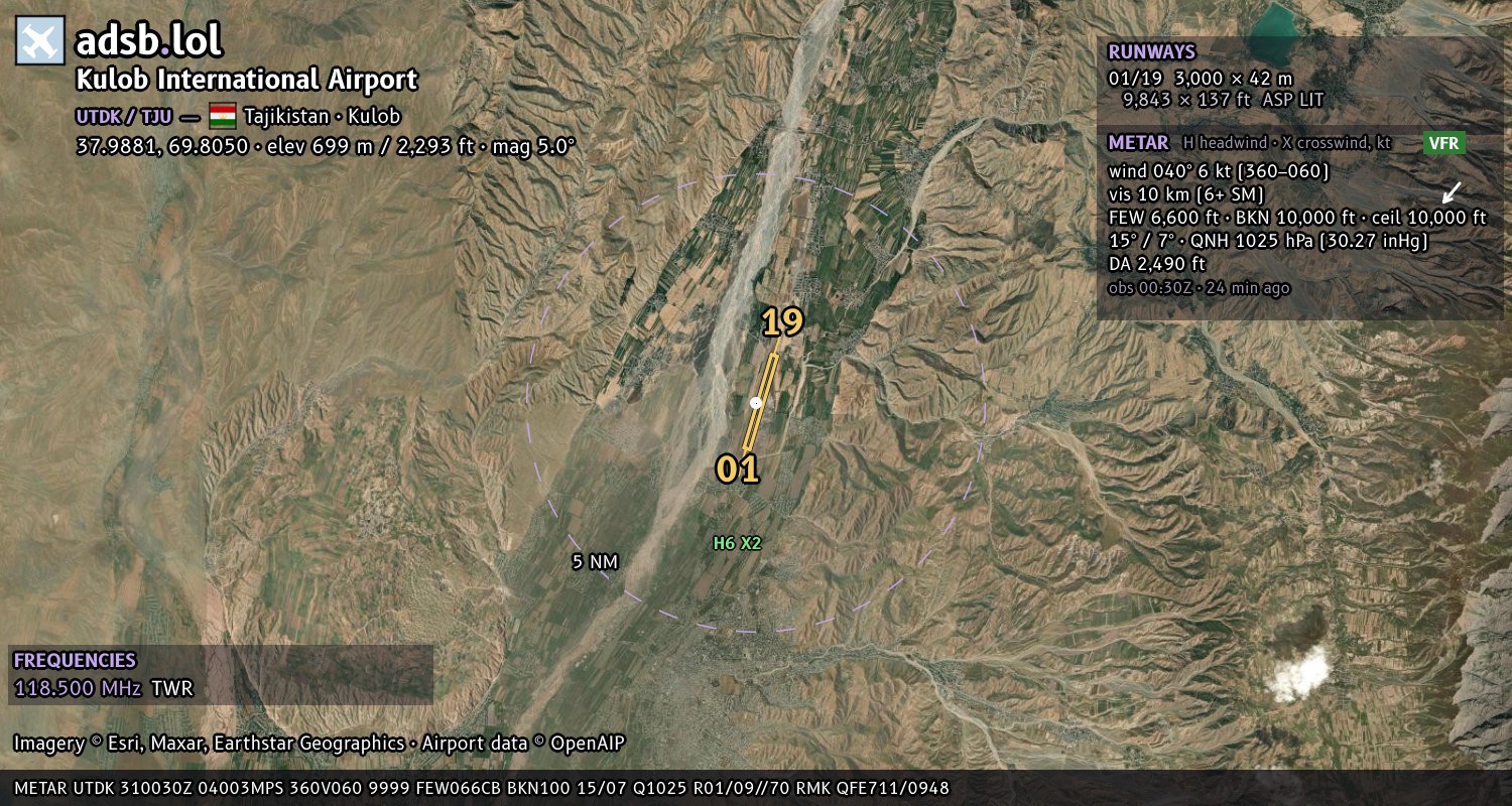 Satellite map with the runway layout of Kulob International Airport (UTDK)