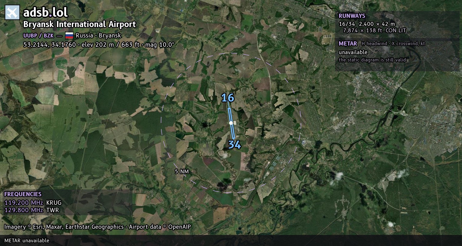 Satellite map with the runway layout of Bryansk International Airport (UUBP)
