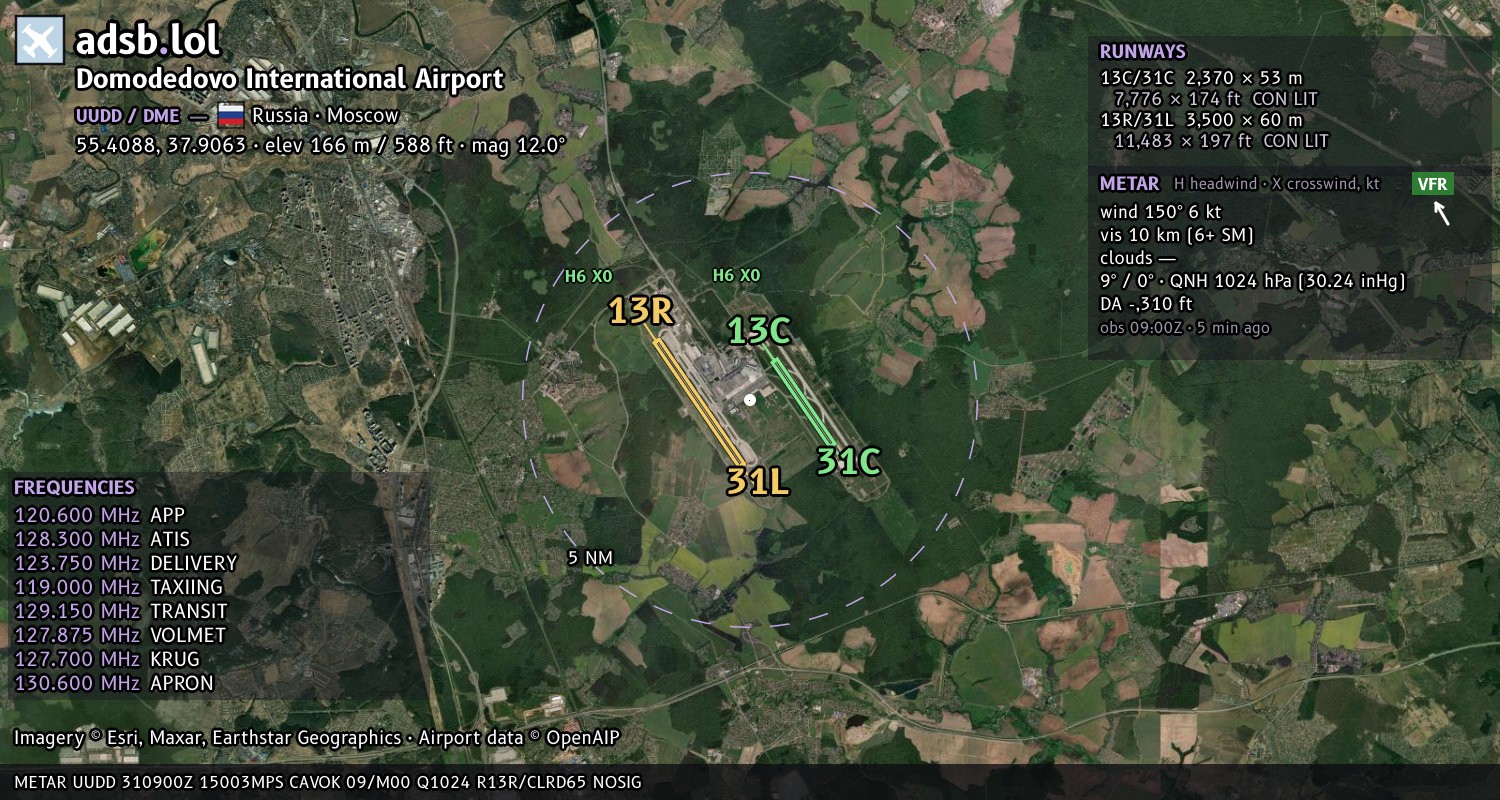 Satellite map with the runway layout of Domodedovo International Airport (UUDD)