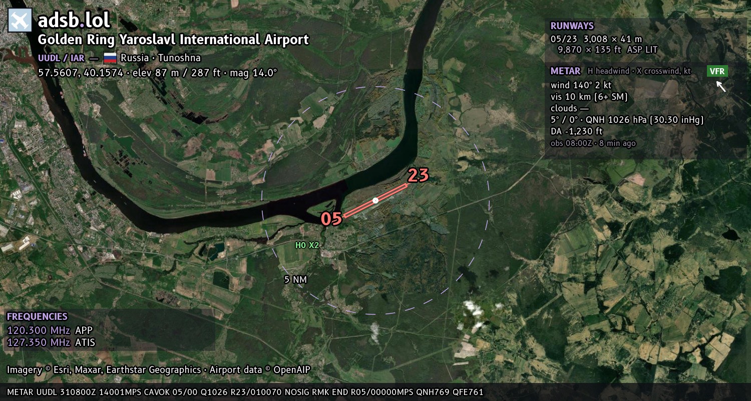Satellite map with the runway layout of Golden Ring Yaroslavl International Airport (UUDL)
