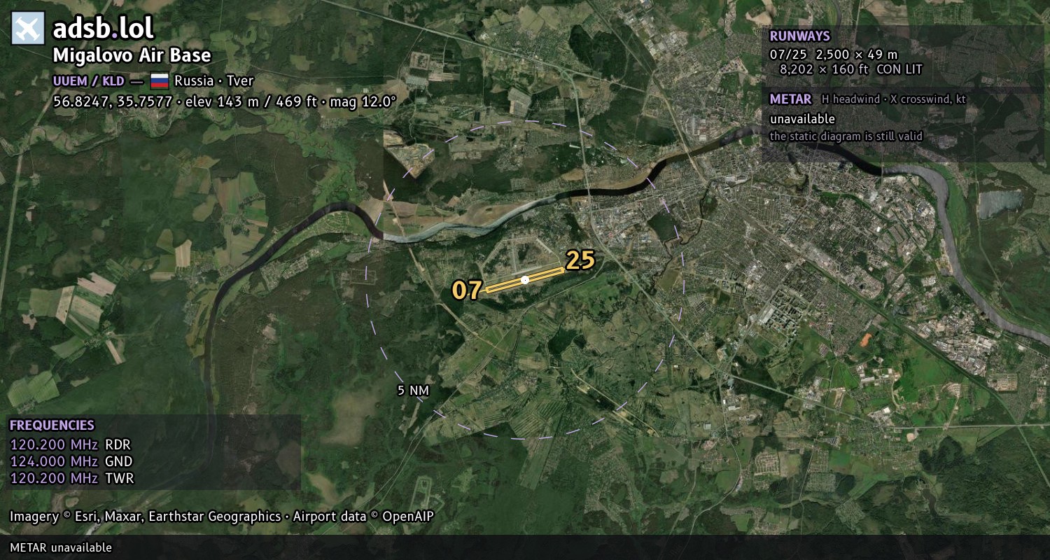 Satellite map with the runway layout of Migalovo Air Base (UUEM)