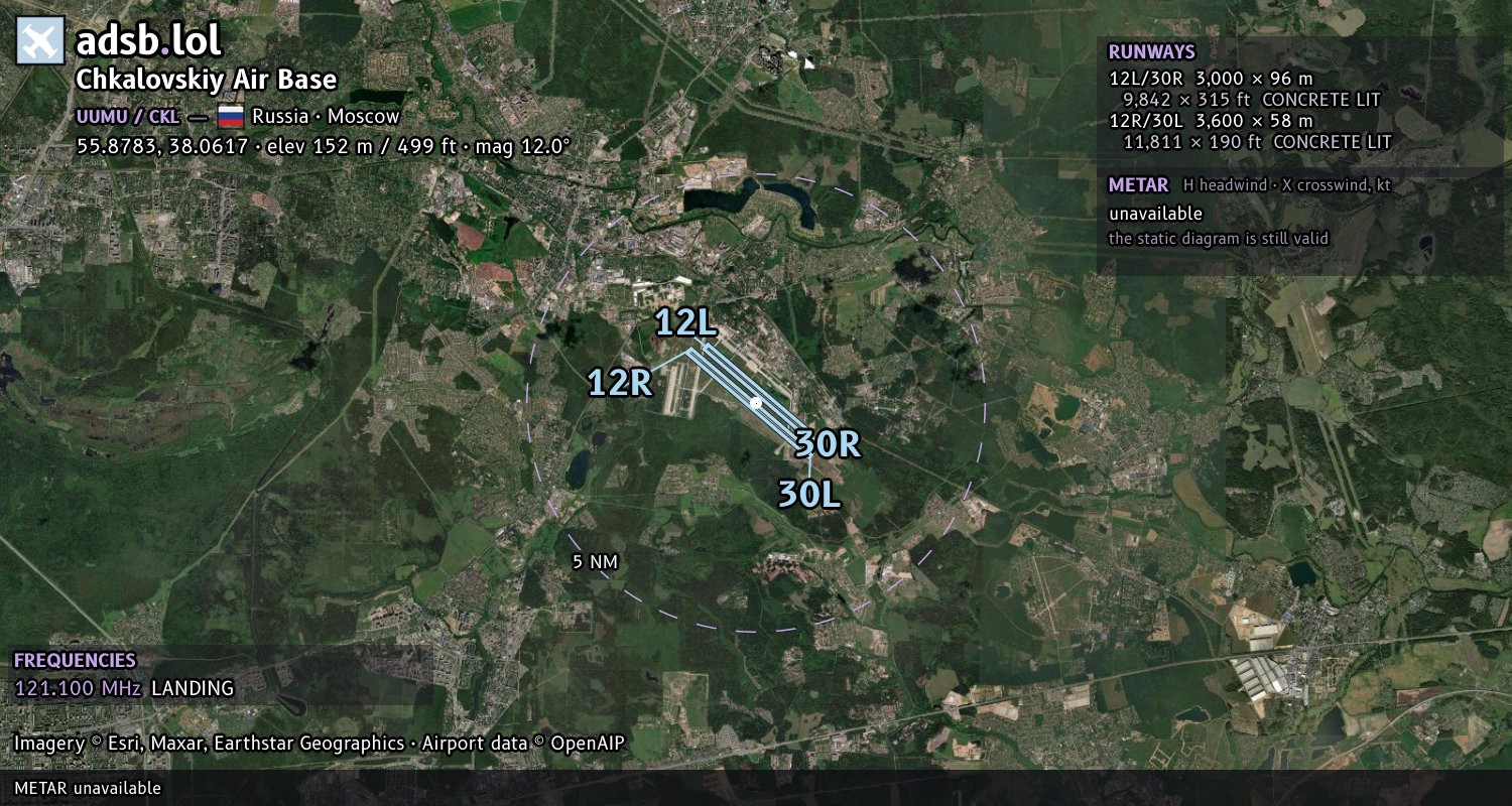 Satellite map with the runway layout of Chkalovskiy Air Base (UUMU)
