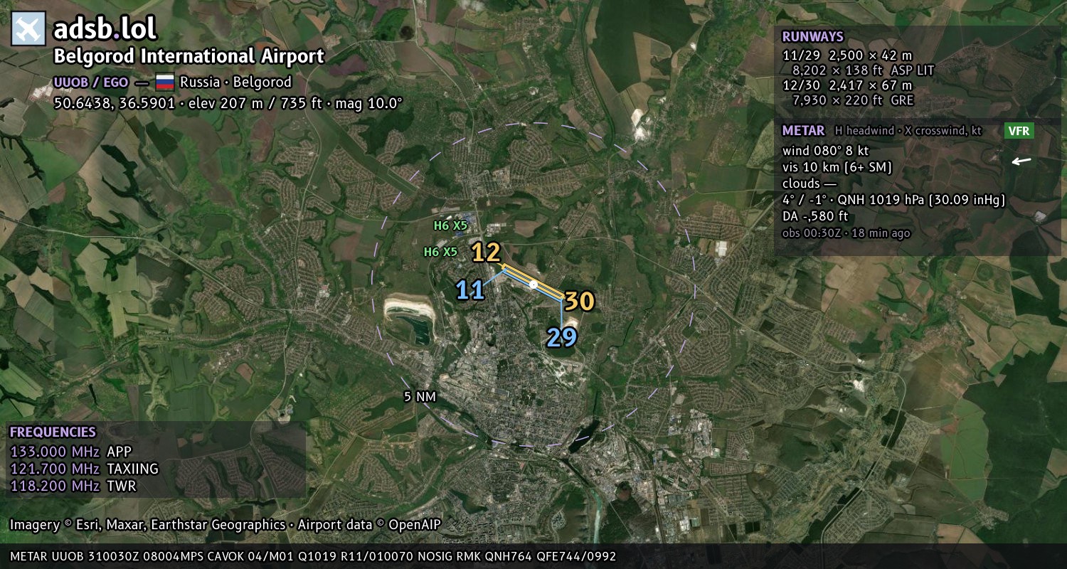 Satellite map with the runway layout of Belgorod International Airport (UUOB)