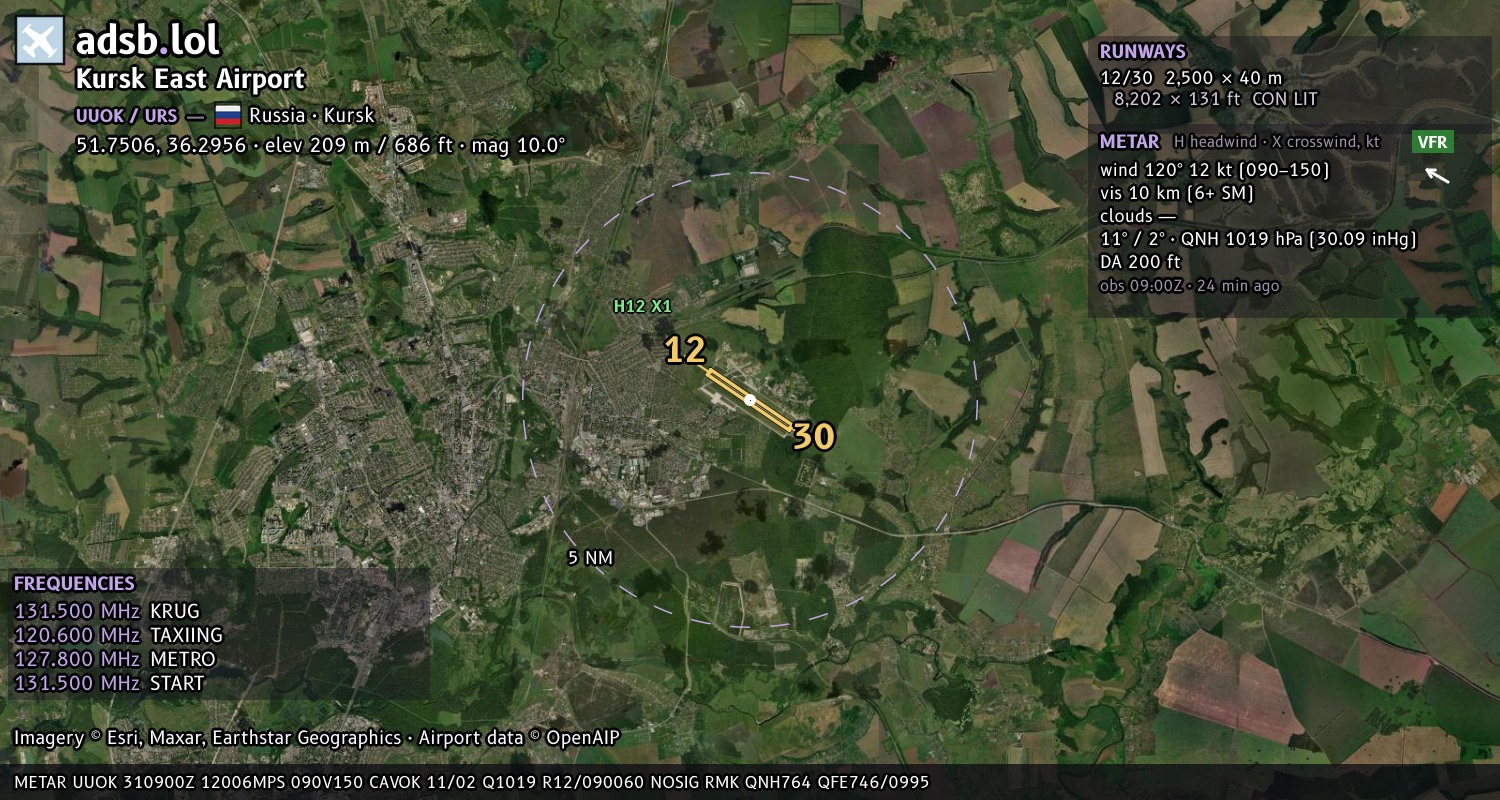 Satellite map with the runway layout of Kursk East Airport (UUOK)