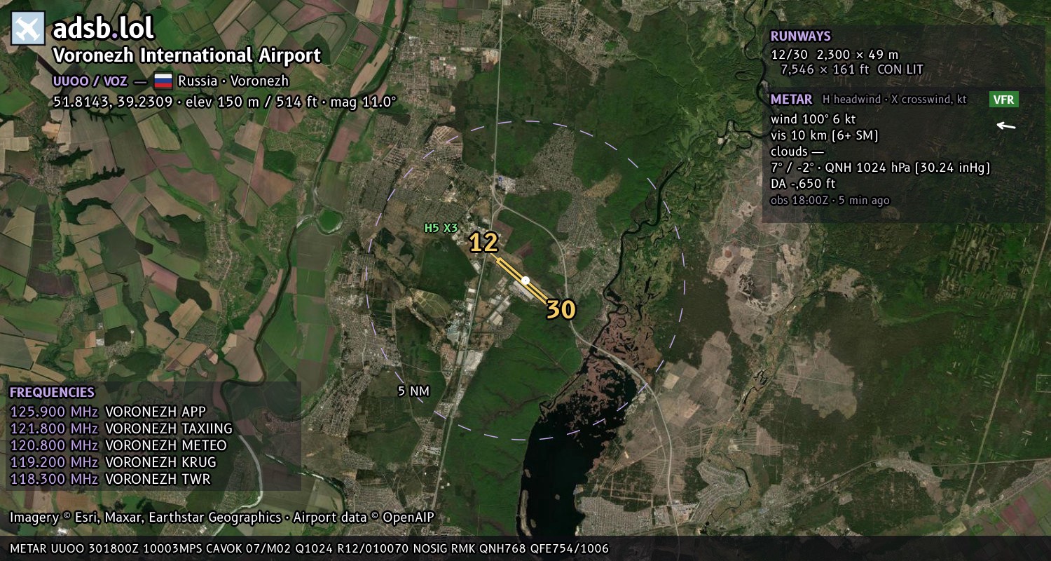 Satellite map with the runway layout of Voronezh International Airport (UUOO)