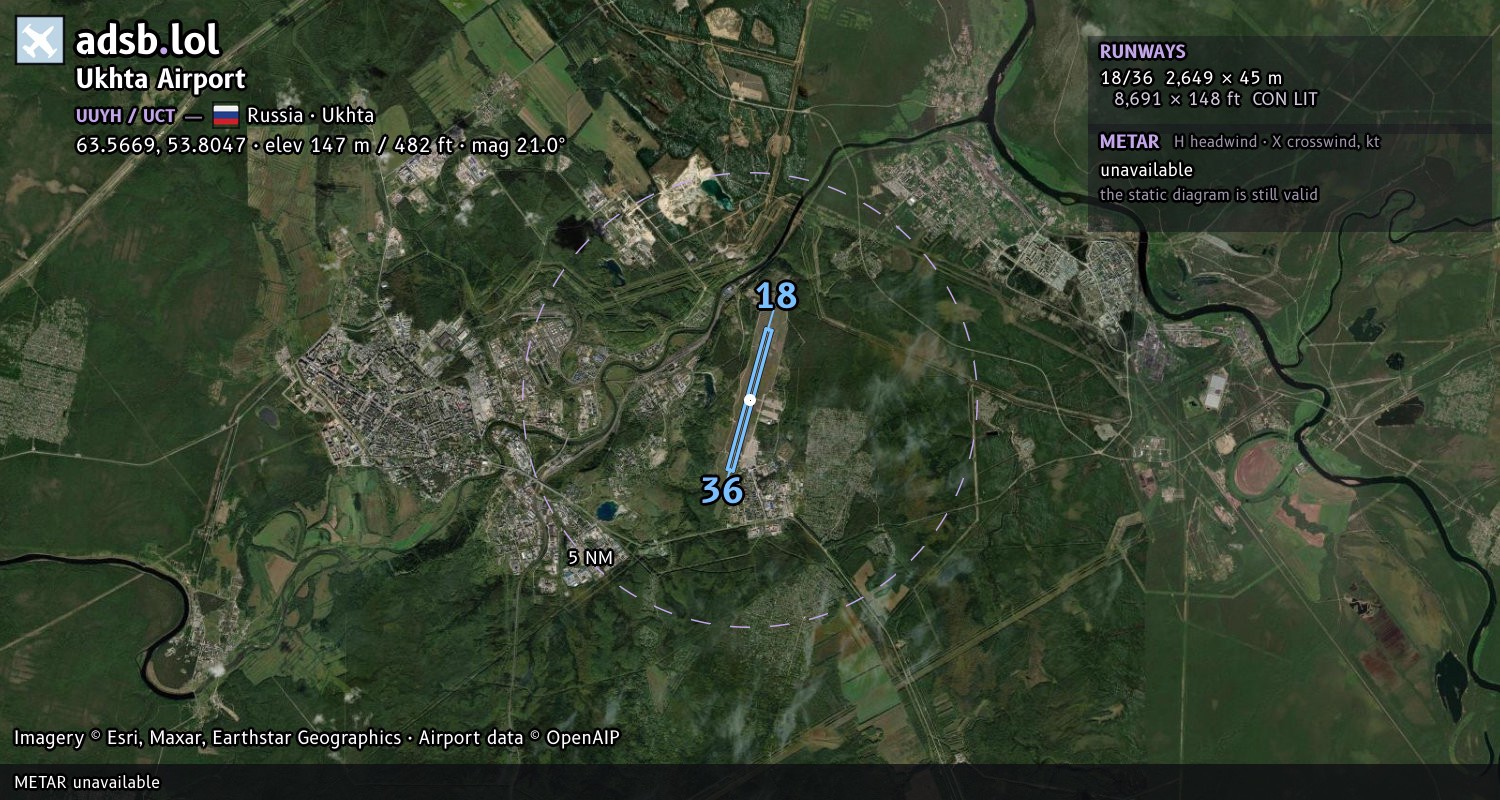 Satellite map with the runway layout of Ukhta Airport (UUYH)