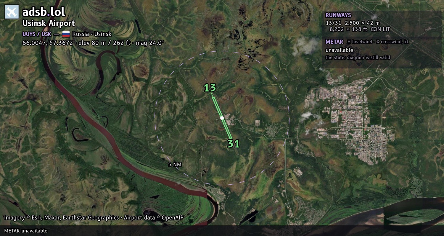 Satellite map with the runway layout of Usinsk Airport (UUYS)