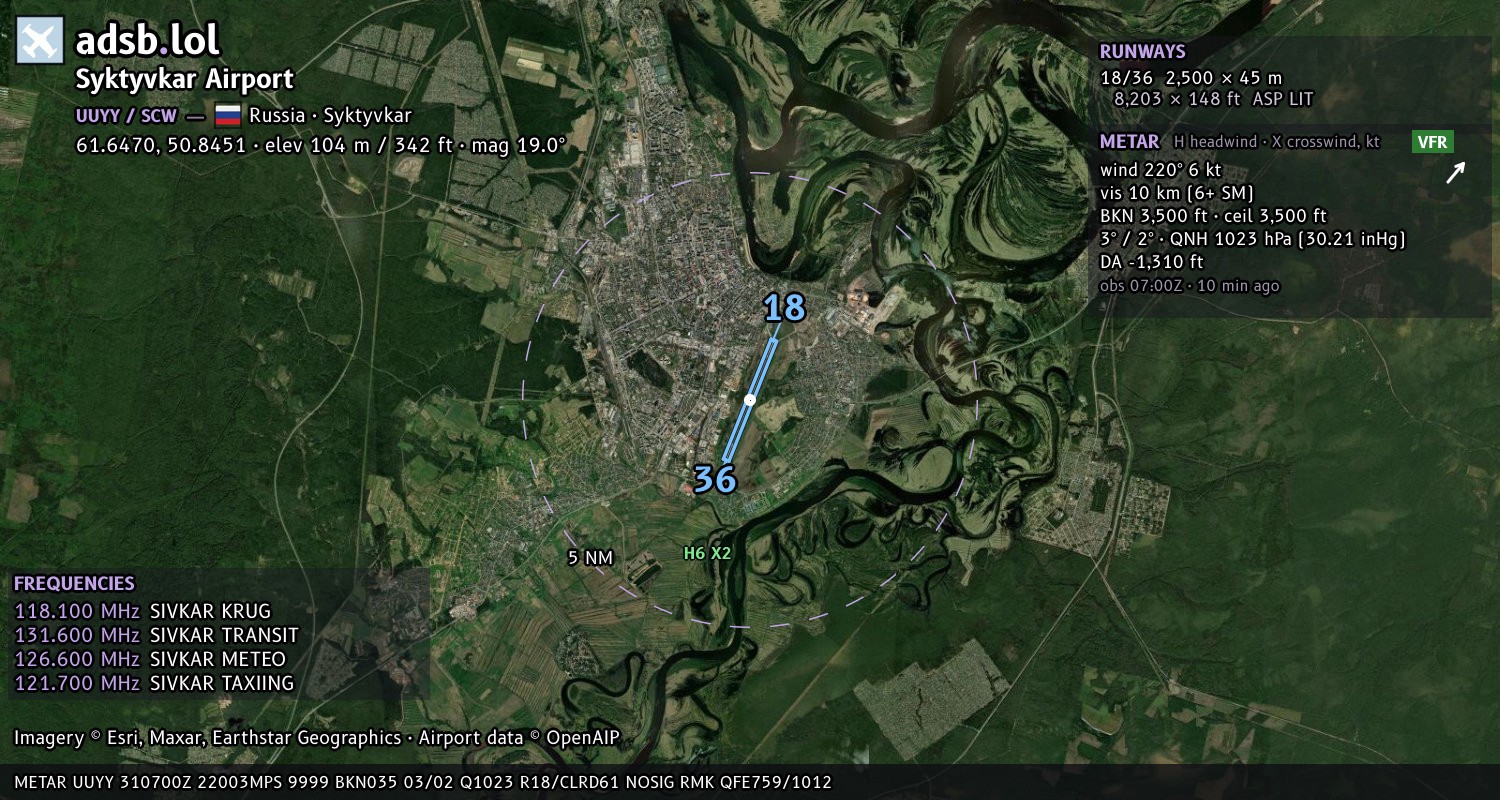 Satellite map with the runway layout of Syktyvkar Airport (UUYY)