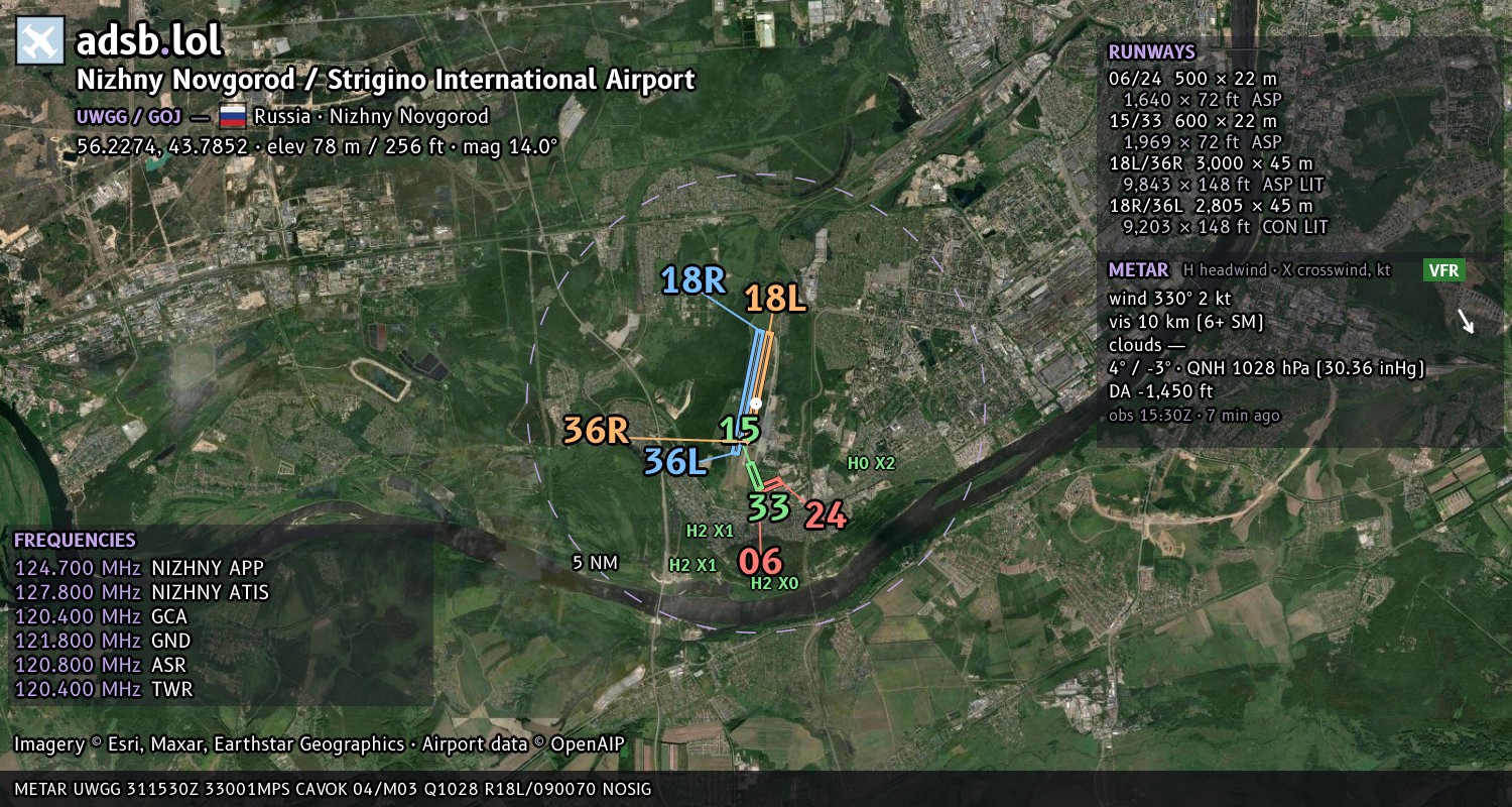 Satellite map with the runway layout of Nizhny Novgorod / Strigino International Airport (UWGG)