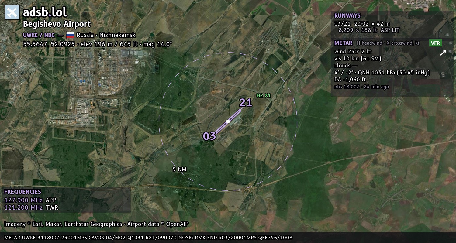 Satellite map with the runway layout of Begishevo Airport (UWKE)