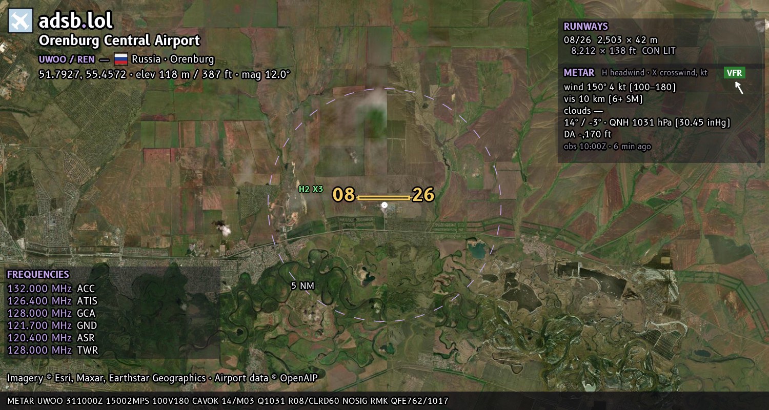 Satellite map with the runway layout of Orenburg Central Airport (UWOO)