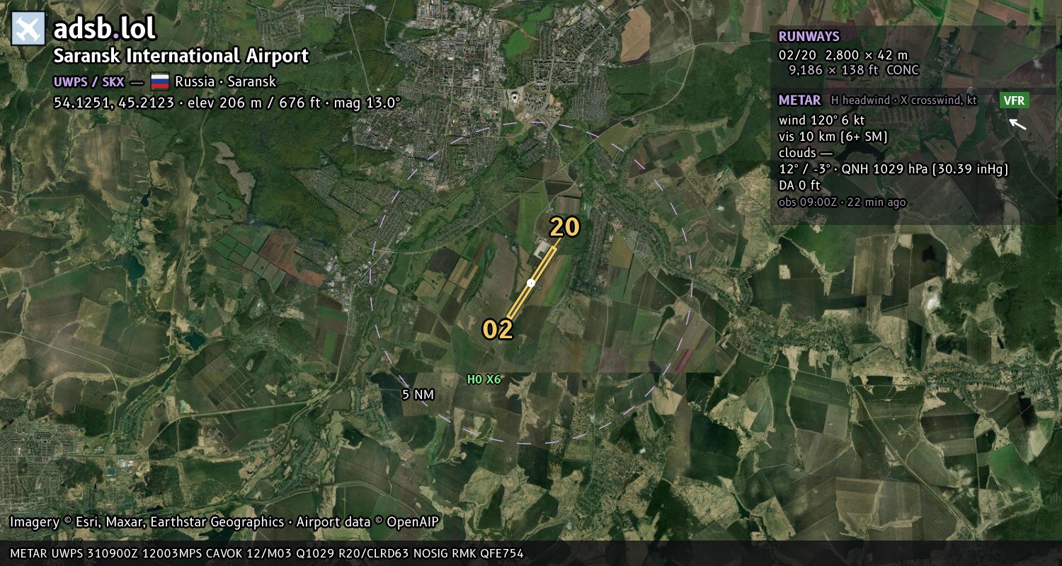 Satellite map with the runway layout of Saransk International Airport (UWPS)