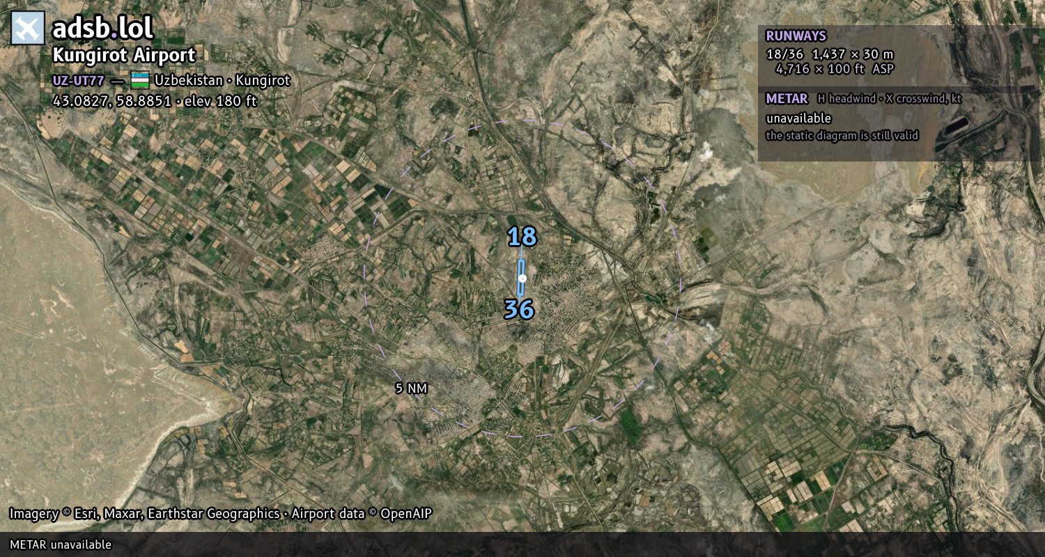 Satellite map with the runway layout of Kungirot Airport (UZ-UT77)