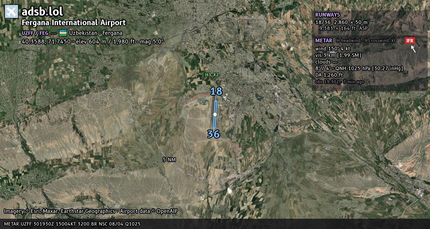 Satellite map with the runway layout of Fergana International Airport (UZFF)