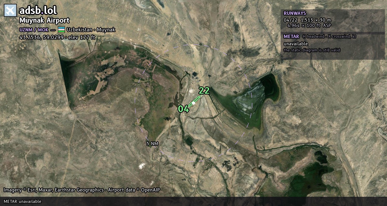Satellite map with the runway layout of Muynak Airport (UZNM)