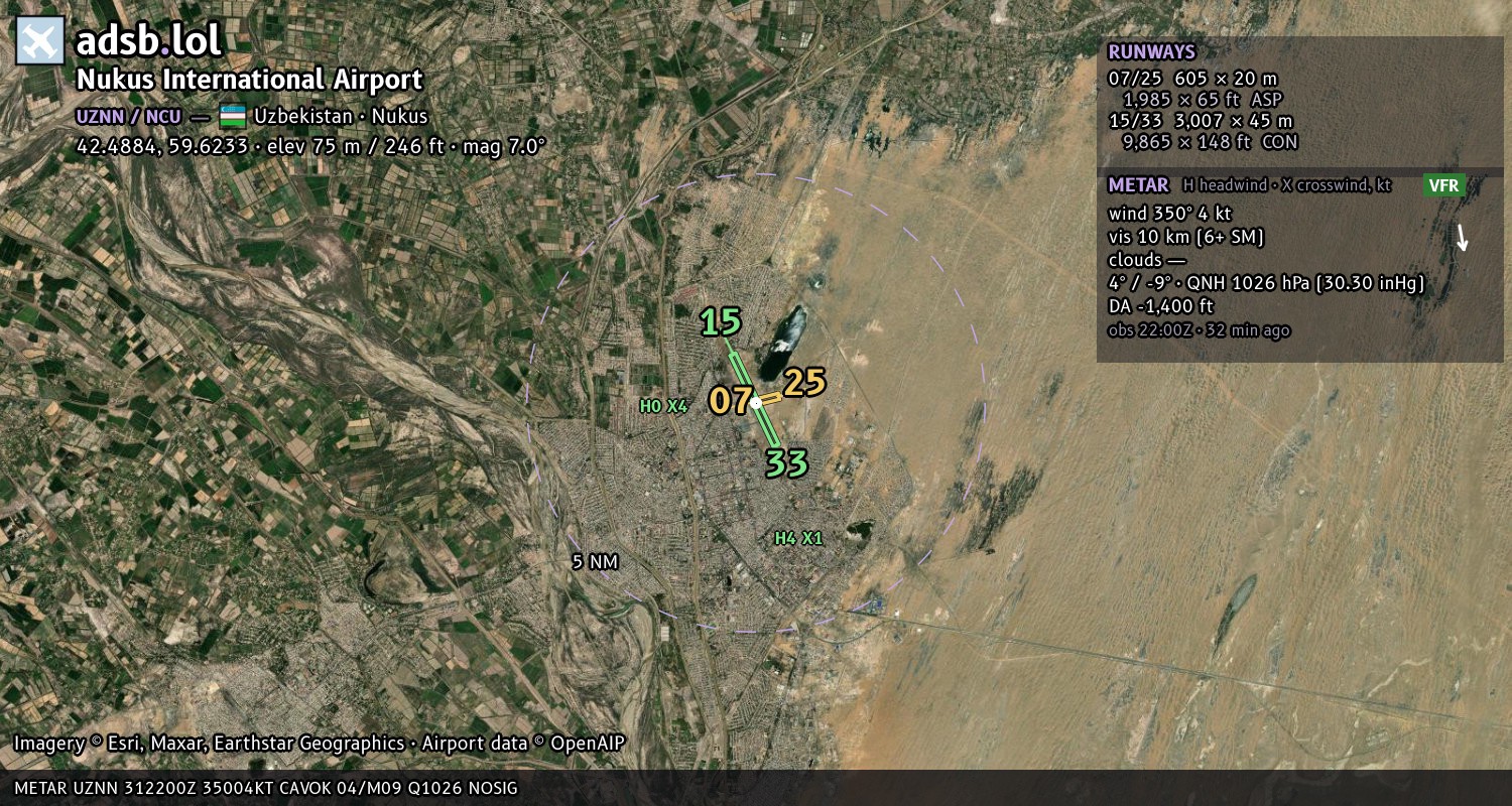 Satellite map with the runway layout of Nukus International Airport (UZNN)