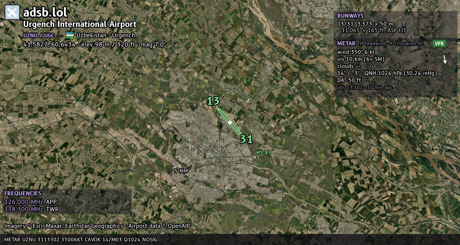 Satellite map with the runway layout of Urgench International Airport (UZNU)