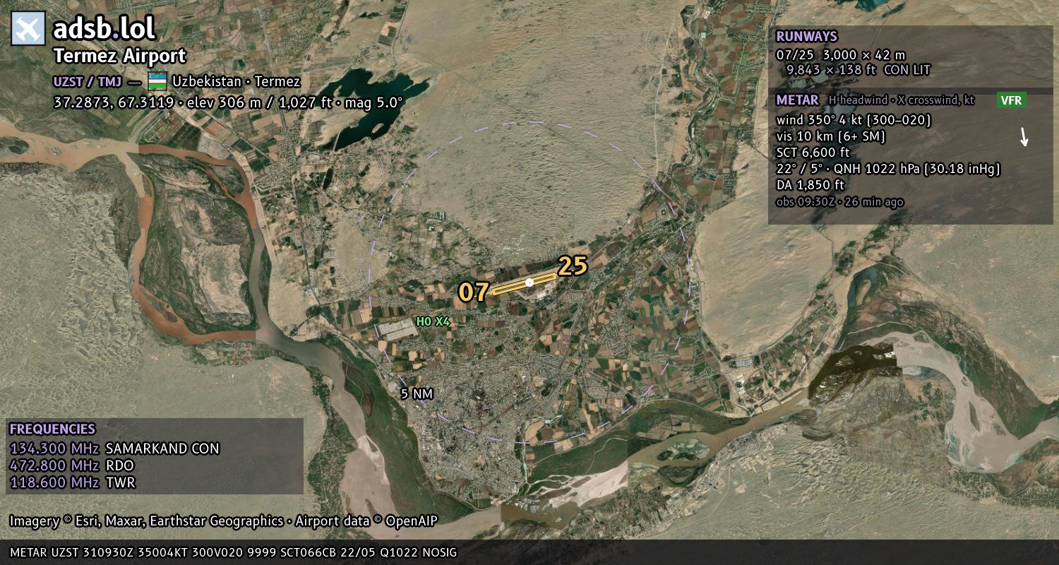 Satellite map with the runway layout of Termez Airport (UZST)