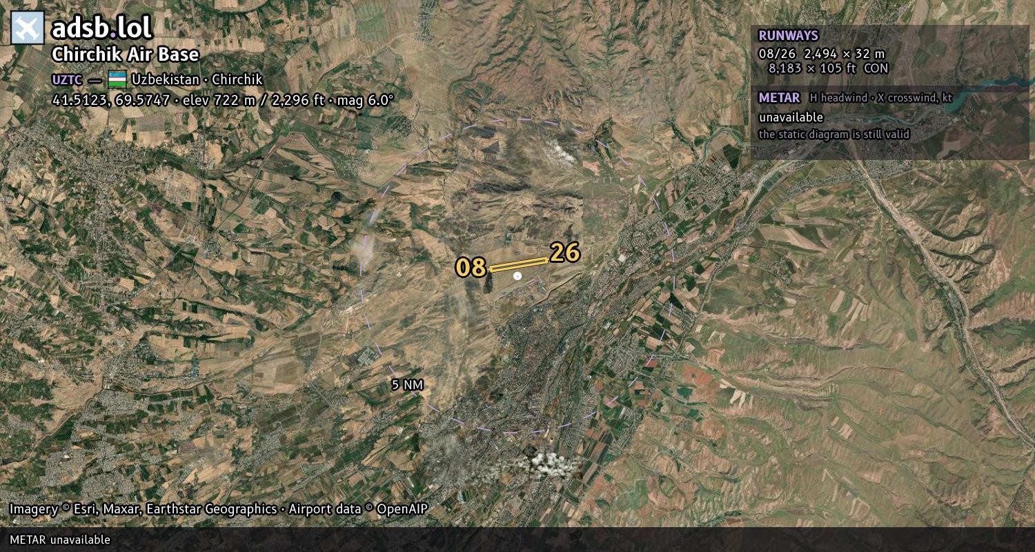 Satellite map with the runway layout of Chirchik Air Base (UZTC)