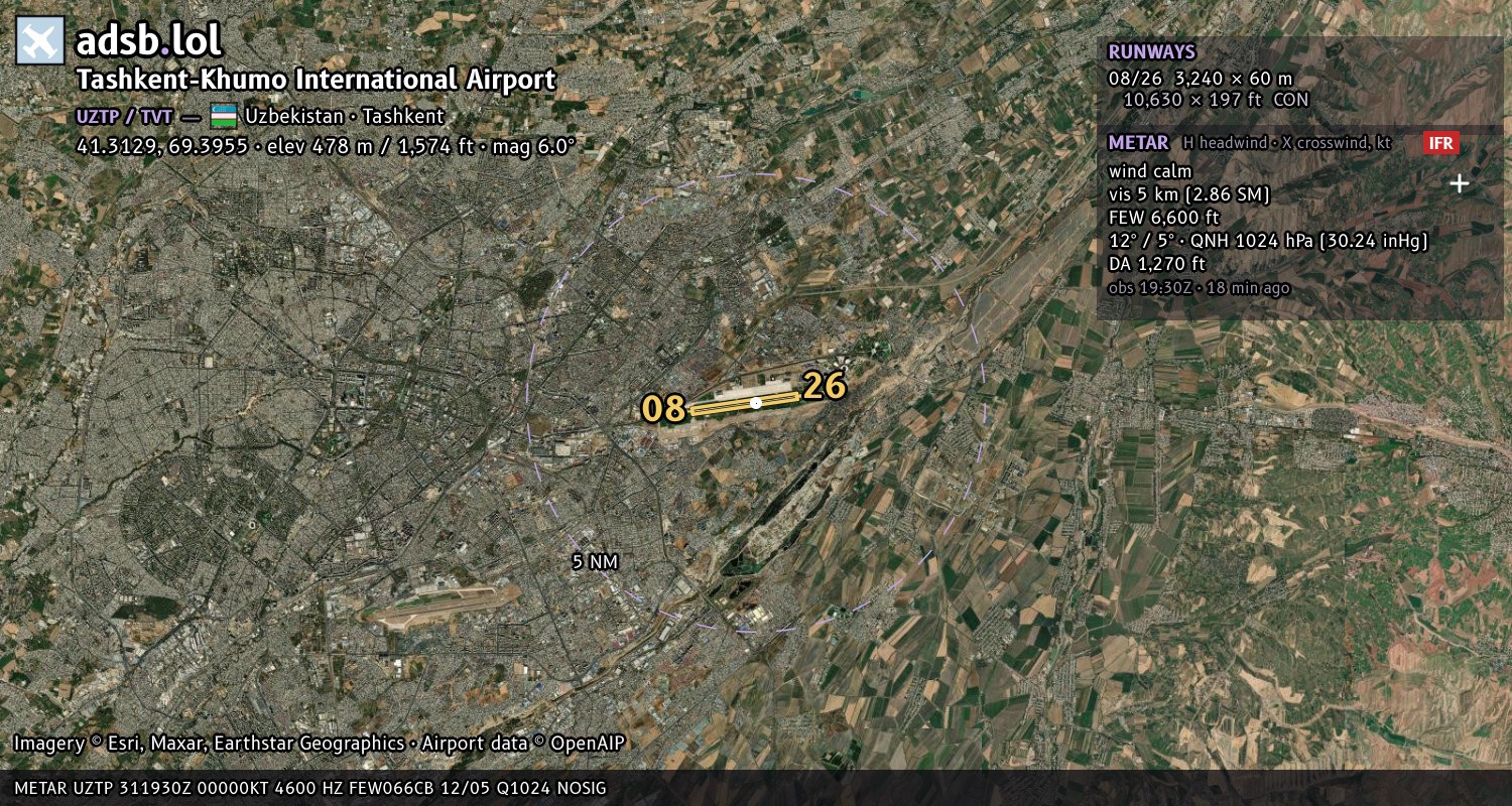 Satellite map with the runway layout of Tashkent-Khumo International Airport (UZTP)