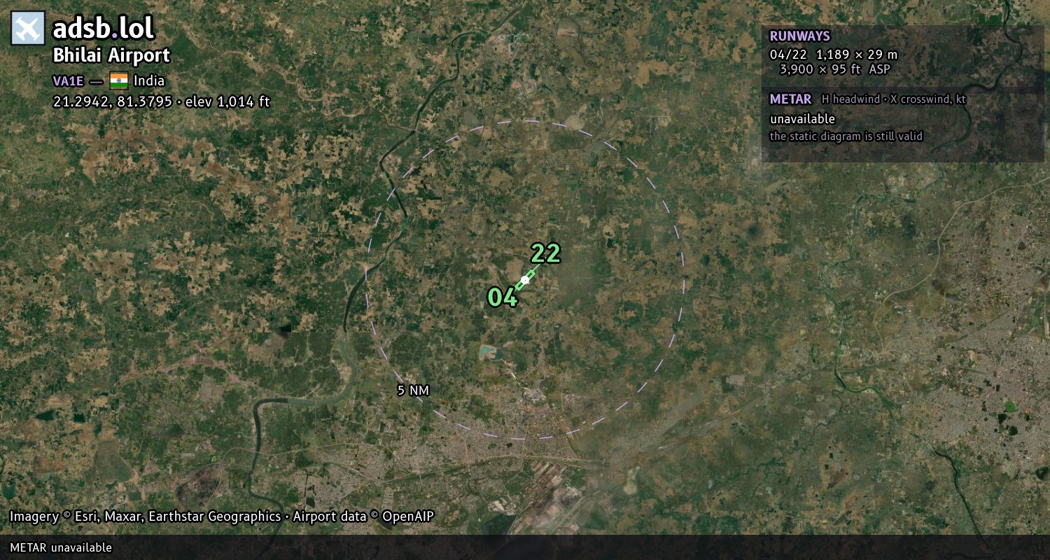 Satellite map with the runway layout of Bhilai Airport (VA1E)