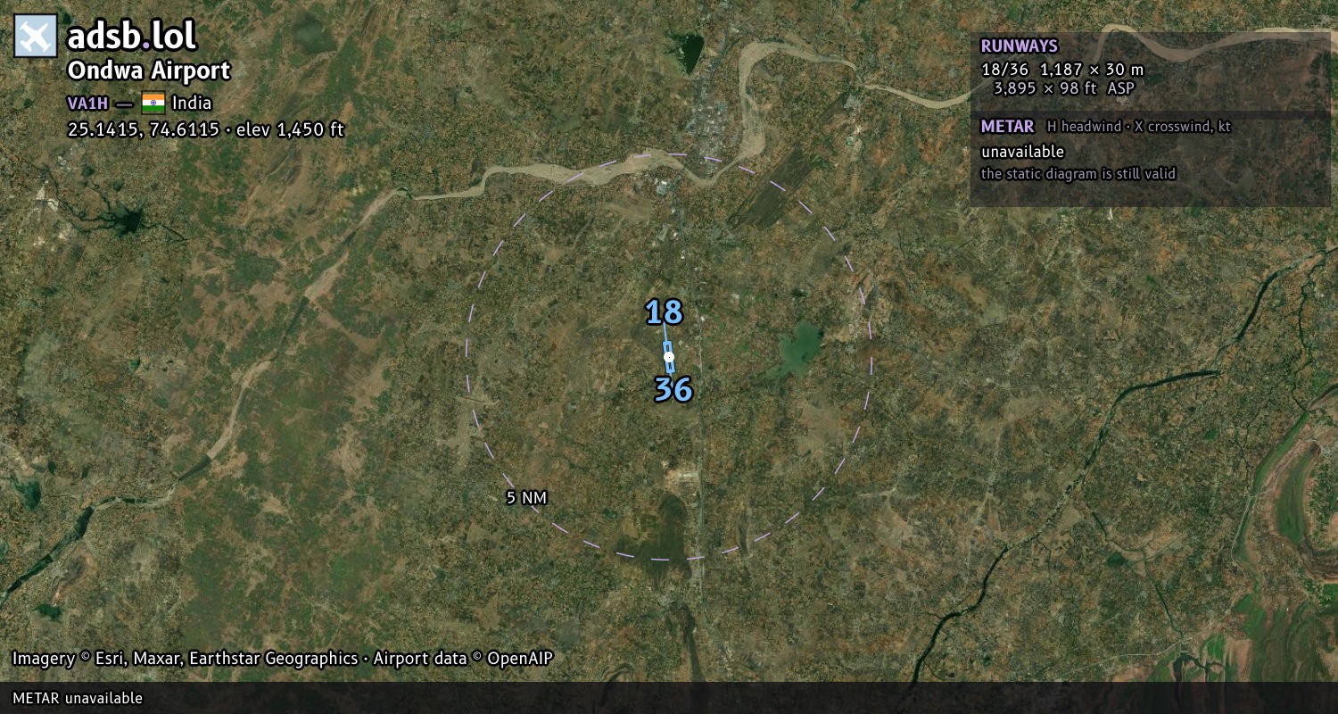 Satellite map with the runway layout of Ondwa Airport (VA1H)