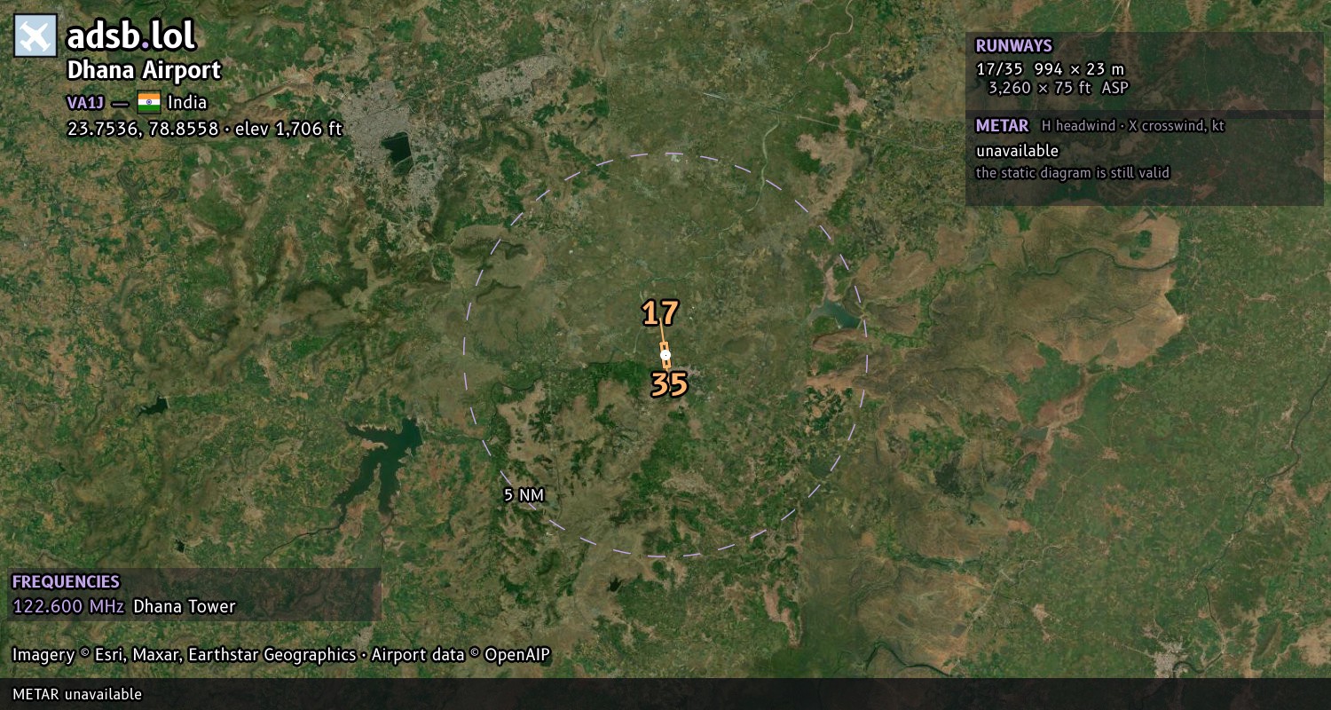 Satellite map with the runway layout of Dhana Airport (VA1J)