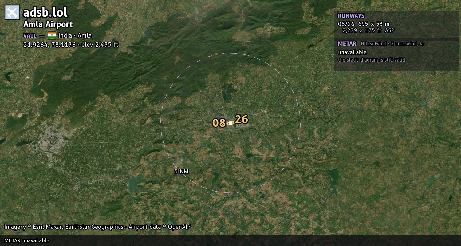 Satellite map with the runway layout of Amla Airport (VA1L)