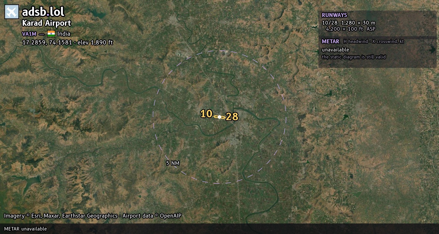 Satellite map with the runway layout of Karad Airport (VA1M)