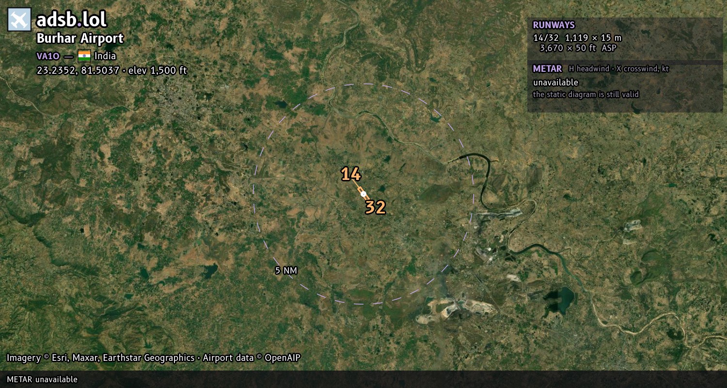 Satellite map with the runway layout of Burhar Airport (VA1O)