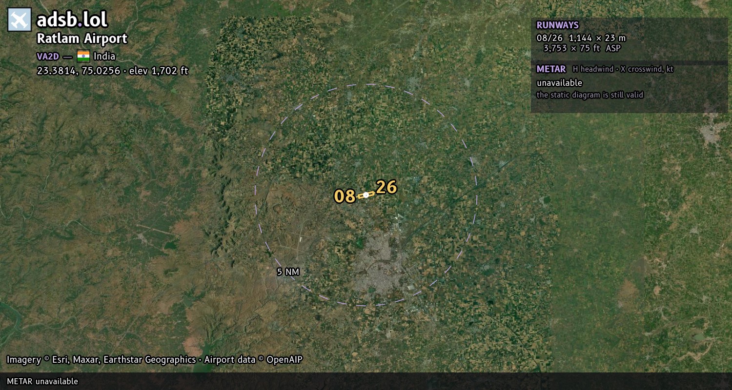 Satellite map with the runway layout of Ratlam Airport (VA2D)