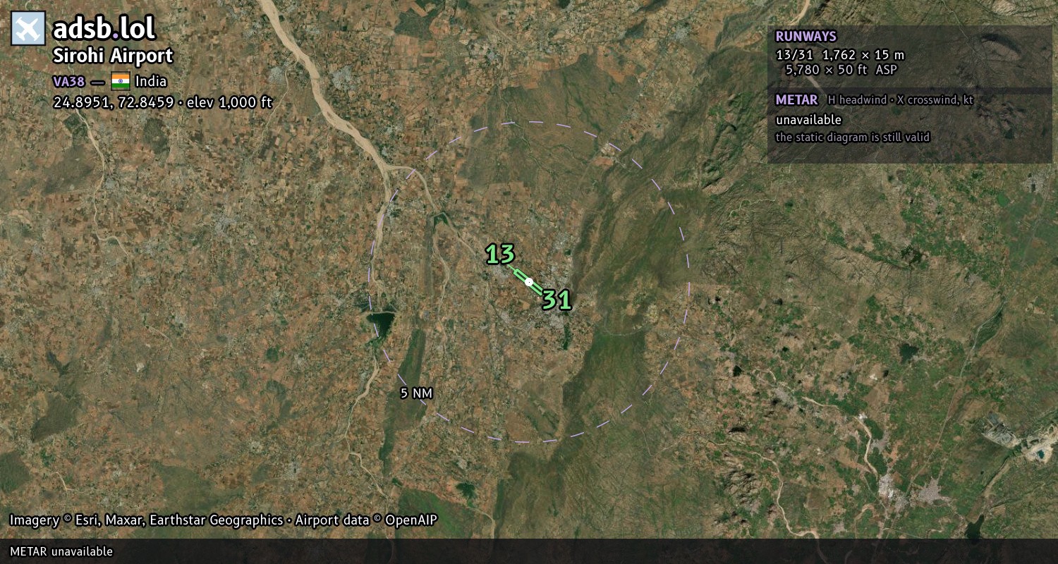 Satellite map with the runway layout of Sirohi Airport (VA38)