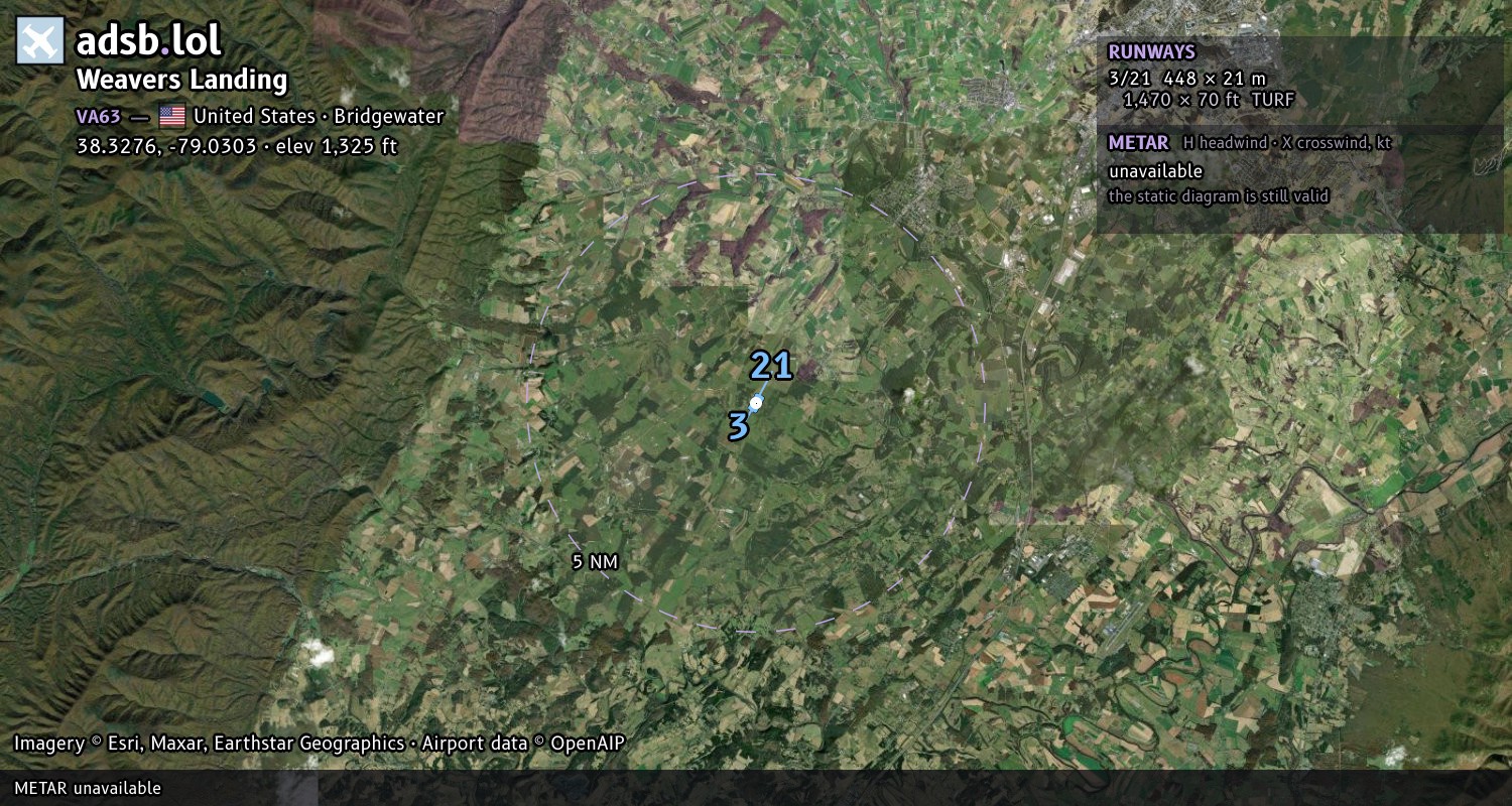 Satellite map with the runway layout of Weavers Landing (VA63)