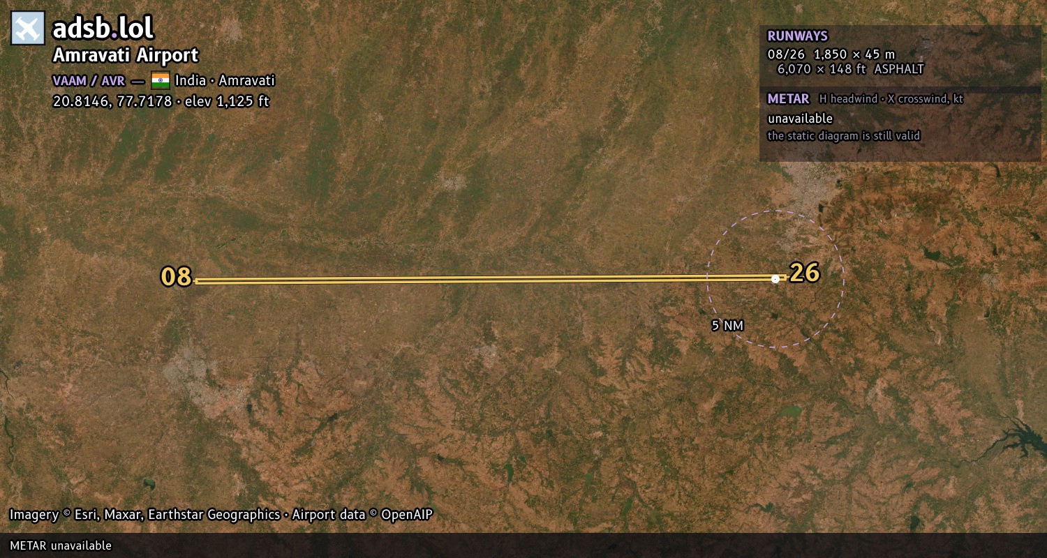 Satellite map with the runway layout of Amravati  Airport (VAAM)