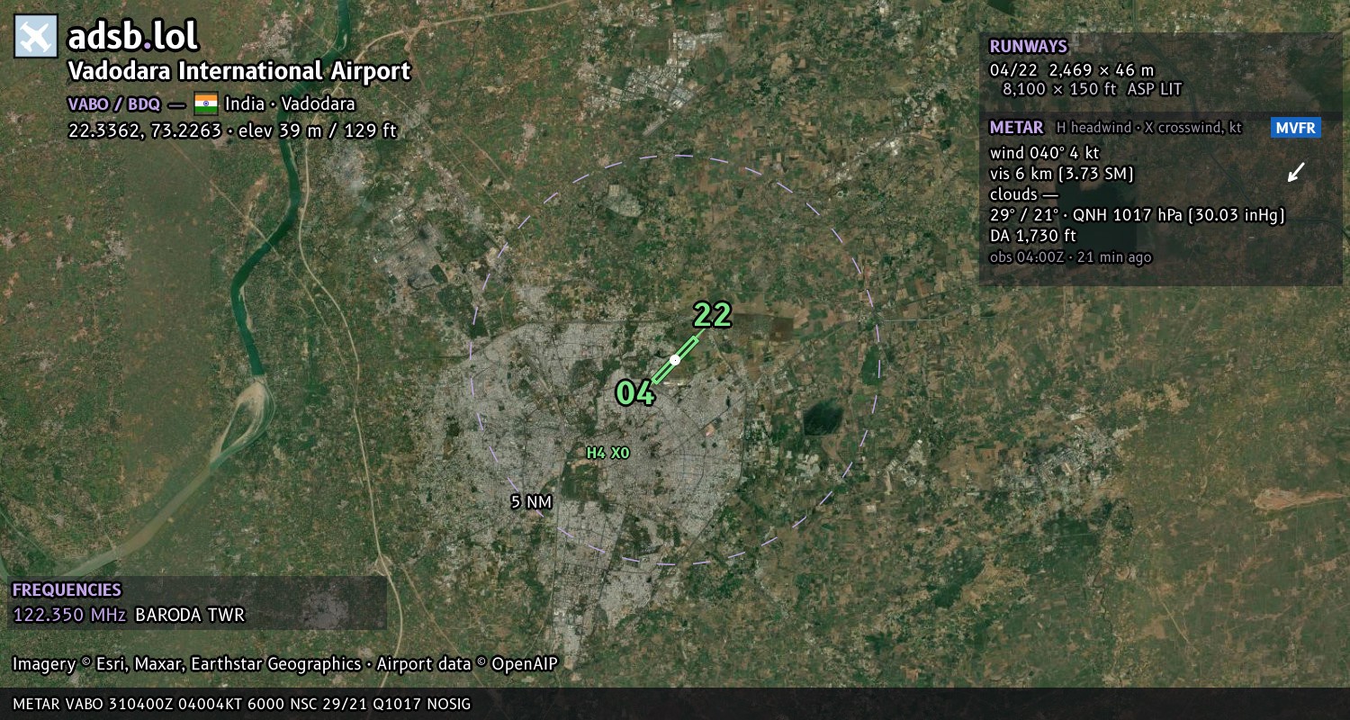 Satellite map with the runway layout of Vadodara International Airport (VABO)