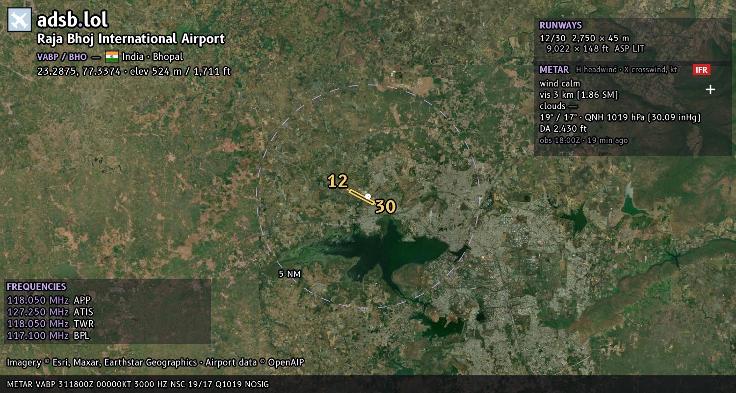 Satellite map with the runway layout of Raja Bhoj International Airport (VABP)
