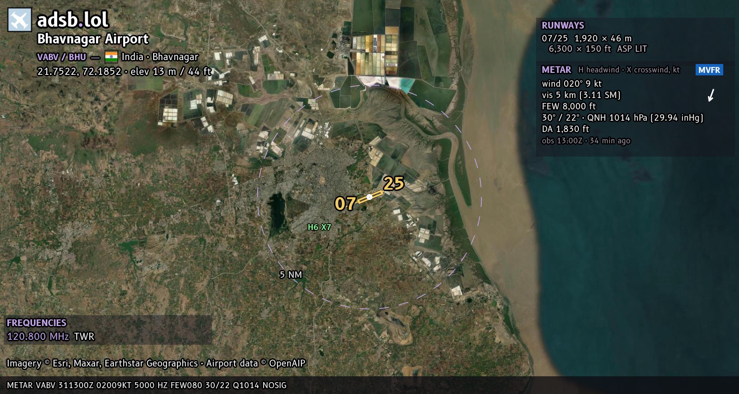Satellite map with the runway layout of Bhavnagar Airport (VABV)