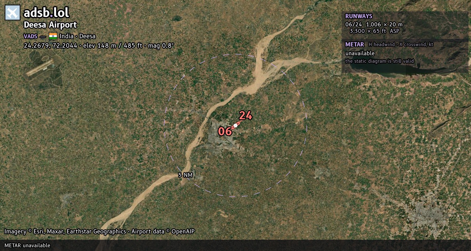 Satellite map with the runway layout of Deesa Airport (VADS)