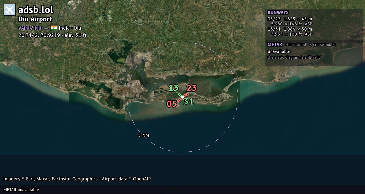 Satellite map with the runway layout of Diu Airport (VADU)