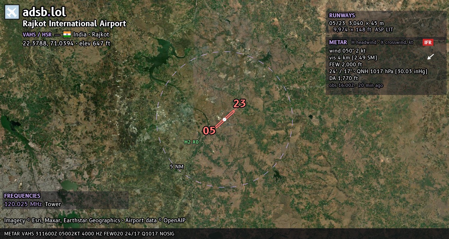 Satellite map with the runway layout of Rajkot International Airport (VAHS)