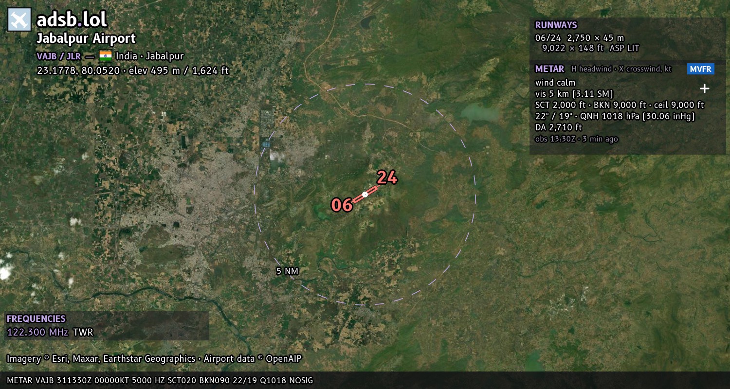 Satellite map with the runway layout of Jabalpur Airport (VAJB)