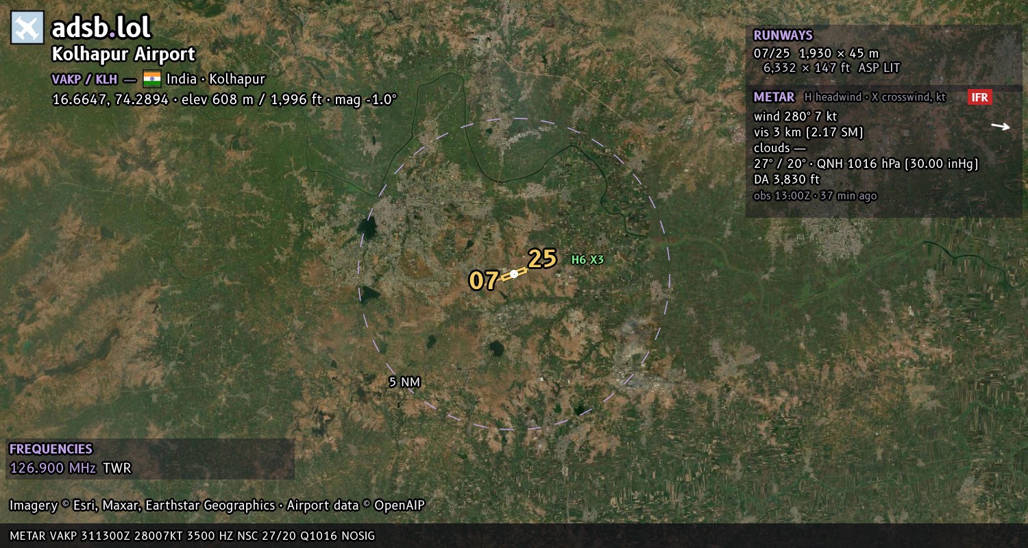 Satellite map with the runway layout of Kolhapur Airport (VAKP)
