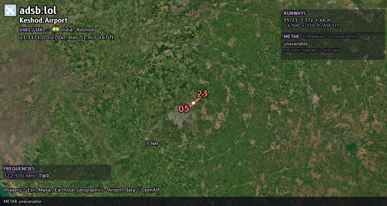 Satellite map with the runway layout of Keshod Airport (VAKS)