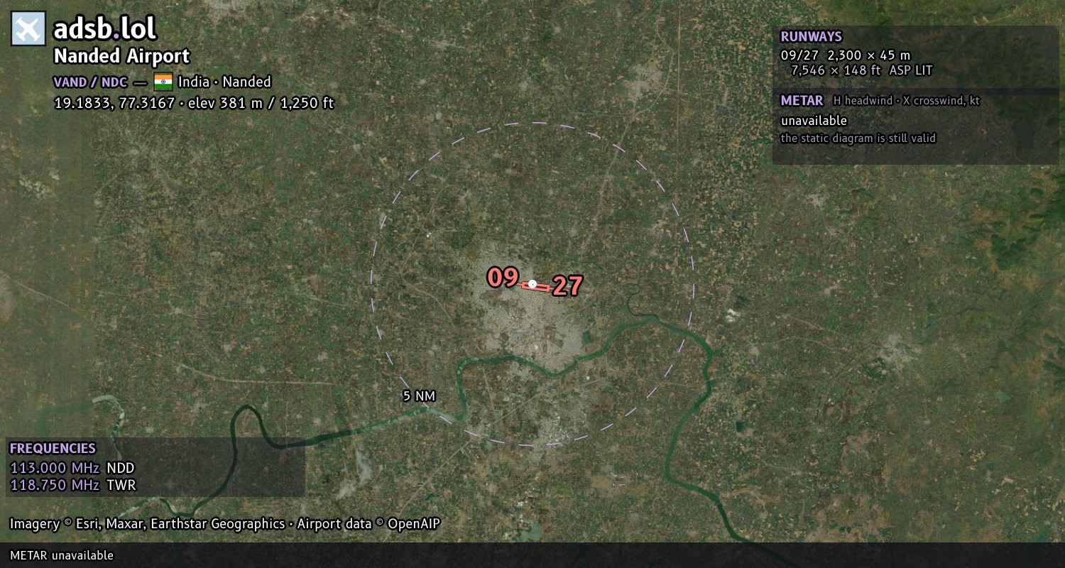 Satellite map with the runway layout of Nanded Airport (VAND)