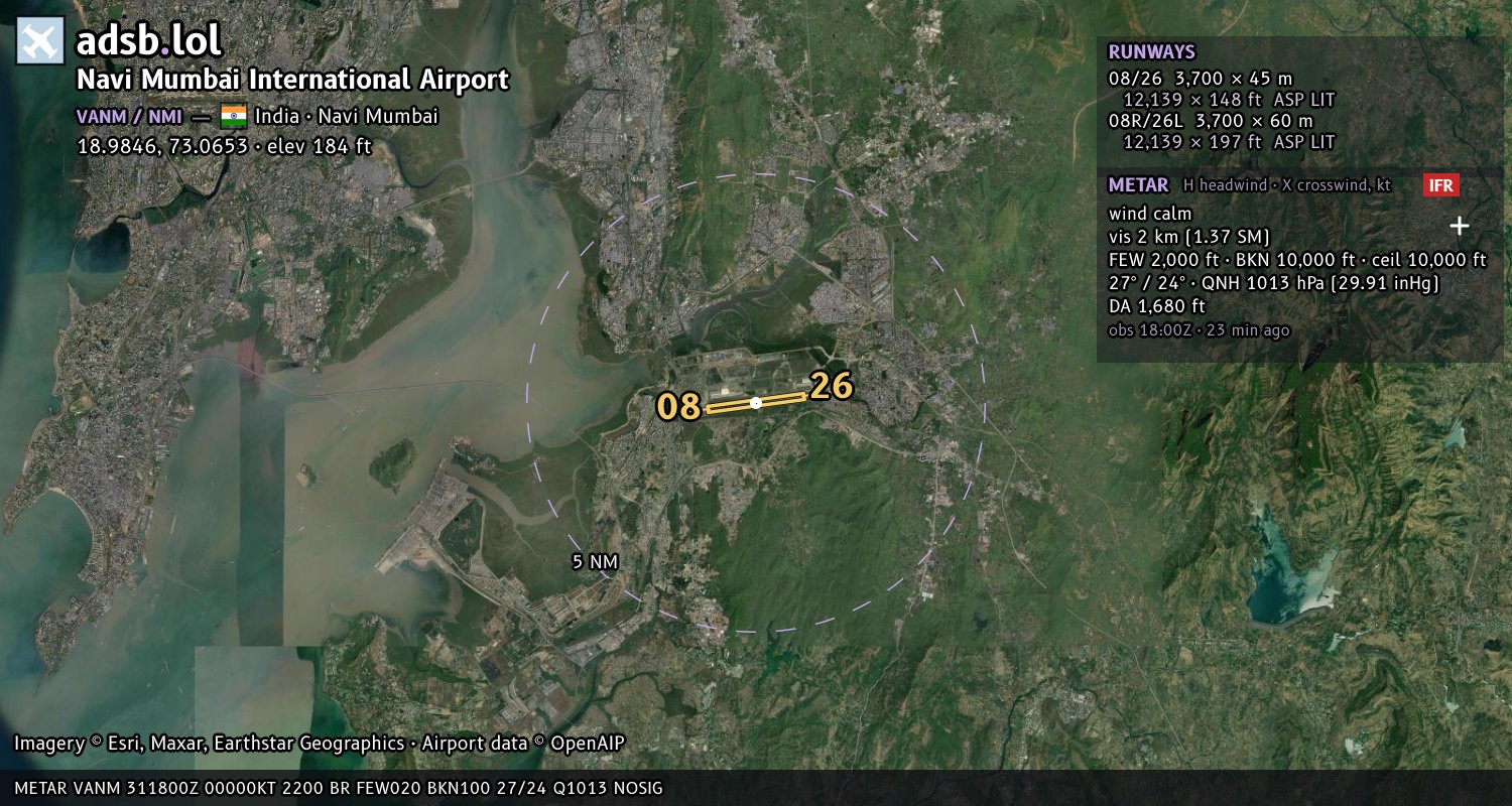 Satellite map with the runway layout of Navi Mumbai International Airport (VANM)